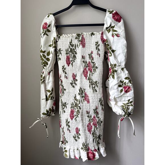 Reformation Floral Linen Mini Dress Sz M Bohemian Long Sleeves Hilary Smocked - Picture 6 of 9